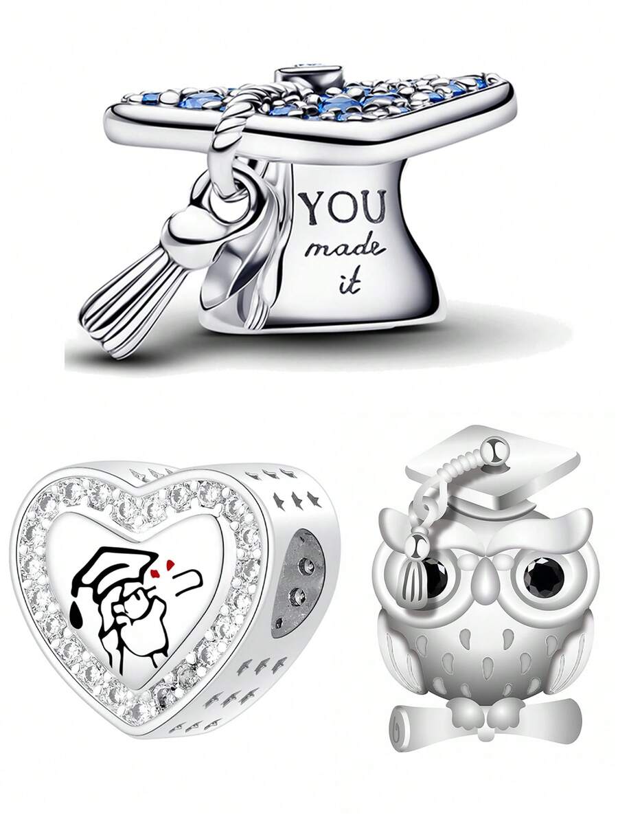 1pc Fashionable & Delicate Romantic Graduation Series Accessories Set: Graduation Cap, Heart, Owl Pendant Charm, Meaningful Ceremony-Inspired DIY Bracelet Necklace Graduation Gift - Silver - View 1