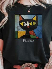 Camiseta Oversize Extra Grande 1 Pieza para Mujer con Estampado Geométrico de Gato Cubista al Estilo Picasso - Camiseta Casual de Cuello Redondo Negra, Lavable a Máquina, Cómoda para Todas las Estaciones, Regalo de Cumpleaños y Fiestas para Mujeres y Adolescentes, Moda Diaria, Camiseta Gráfica Atrevida, Tela Cómoda, Ropa Artística, Moda Trendy, Material Suave, Top Estiloso, Moda[COD] - Negro - Ver 1