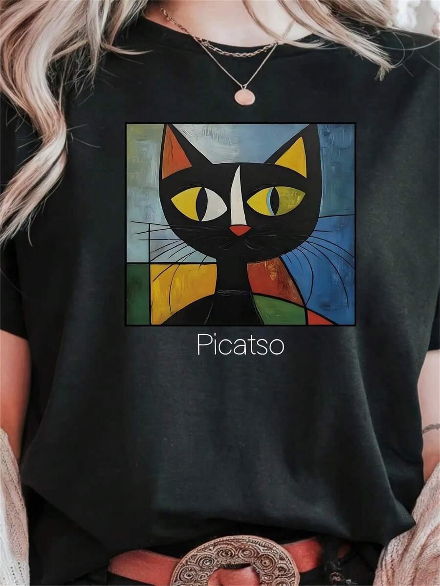 Camiseta Oversize Extra Grande 1 Pieza para Mujer con Estampado Geométrico de Gato Cubista al Estilo Picasso - Camiseta Casual de Cuello Redondo Negra, Lavable a Máquina, Cómoda para Todas las Estaciones, Regalo de Cumpleaños y Fiestas para Mujeres y Adolescentes, Moda Diaria, Camiseta Gráfica Atrevida, Tela Cómoda, Ropa Artística, Moda Trendy, Material Suave, Top Estiloso, Moda[COD] - Negro - Ver 1