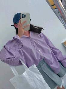 Plus Size Women's Striped Button-Up Shirt, Long Dropped Shoulder Sleeve, Woven Fabric - Purple - View 3