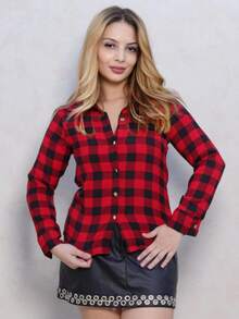 Women's Plaid Button-Down Shirt/Blouse, Sizes M To G1, Vacation, Daily, Home, Summer, June Festival - Red - View 1
