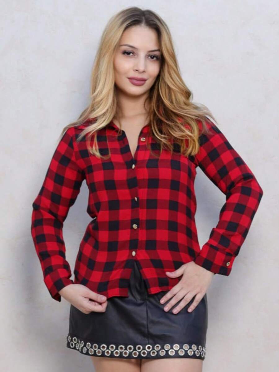 Women's Plaid Button-Down Shirt/Blouse, Sizes M To G1, Vacation, Daily, Home, Summer, June Festival - Red - View 1