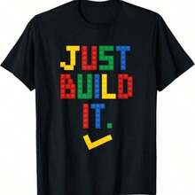 Camiseta estampada de algodón puro de 180 g/m² con diseño "Just Build It Master Builder Building Block" para niños y niñas, elaborada con tejido de punto. Cómoda, duradera, transpirable, suave, fácil de limpiar, resistente a las manchas, divertida, individual, creativa, estilo de juguete, perfecta para niños y constructores. Su textura suave garantiza comodidad. - Negro - Ver 6