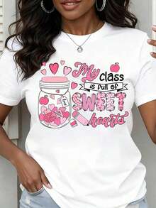 Women's Casual Crew Neck T-Shirt With Heart And Apple Jar Print, Short Sleeve, For Teachers, Valentine's Day Gift, Fashion - 白色 - 查看 1