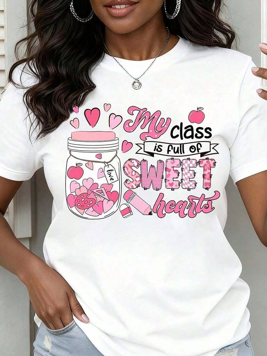 Women's Casual Crew Neck T-Shirt With Heart And Apple Jar Print, Short Sleeve, For Teachers, Valentine's Day Gift, Fashion - 白色 - 查看 1