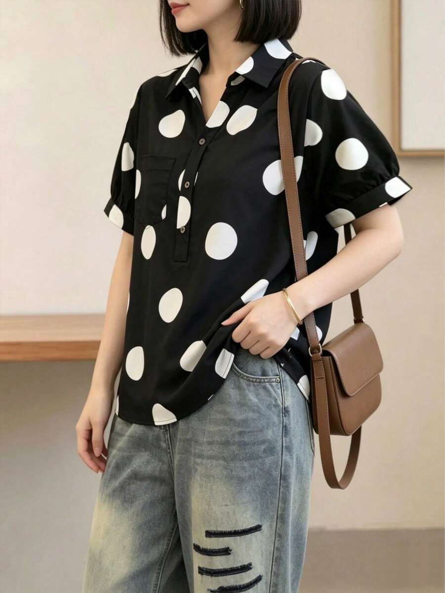 女款時尚V領短袖鈕扣前開襟襯衫上衣,聚酯纖維面料無彈力,標準版型,適合夏季日常穿著 - 彩色 - 查看 1