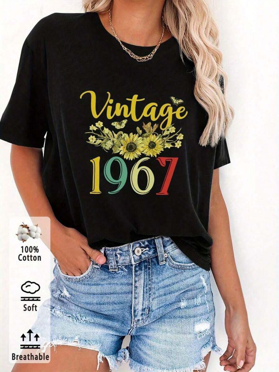 Short-Sleeved T-Shirt With Round Neck And Vintage Floral Print From 1967 With A Retro Summer Style. - Hitam - View 1