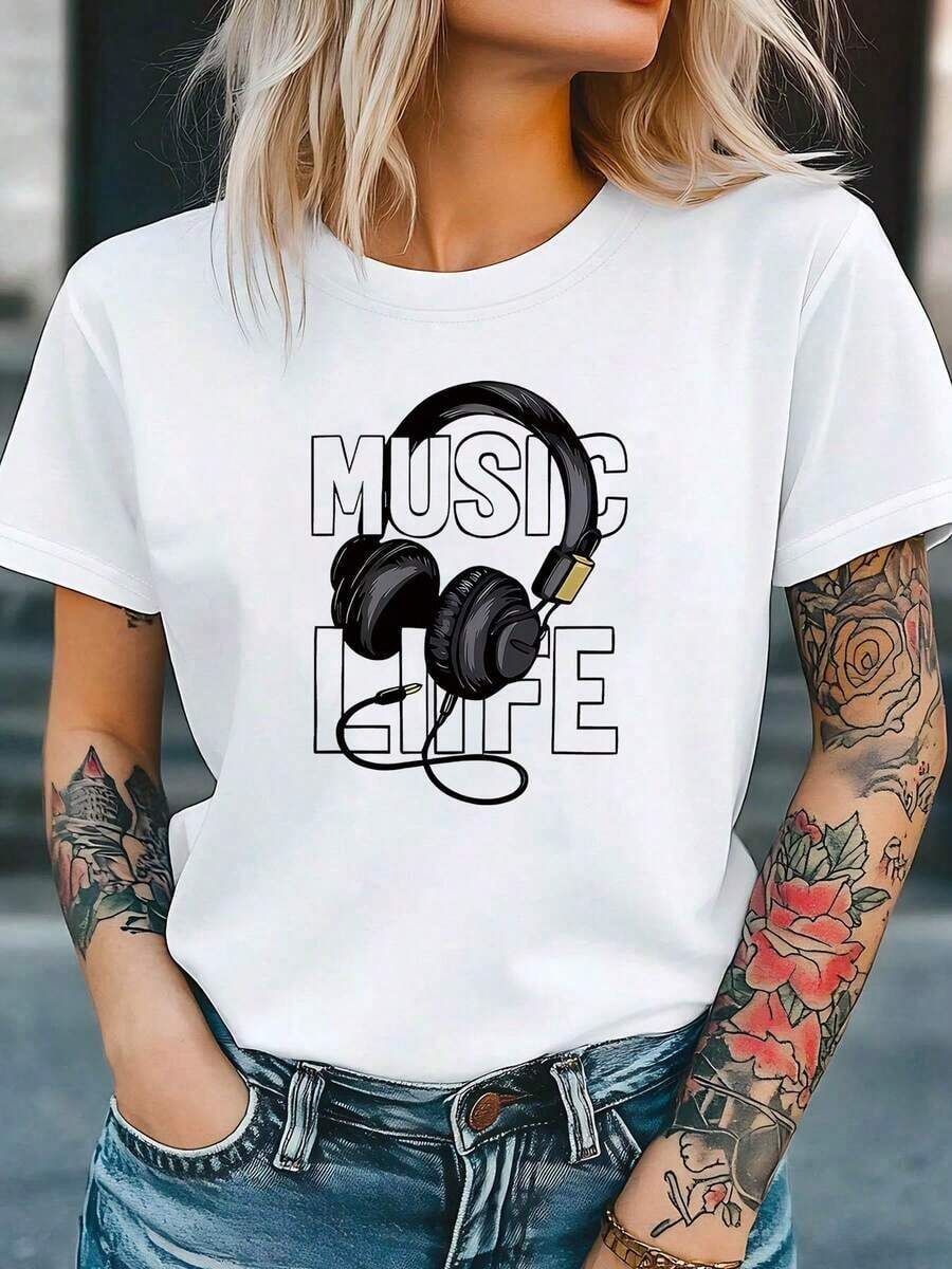 Nueva Camiseta de Moda para Mujer con Cuello Redondo, Estampado Retro de Auriculares con la Frase Laúsica la Vida, Diseño MUSIC LIFE, Talla, Cuello Redondo, Primavera-Verano, Camiseta Casual Cómoda de Manga Corta para Mujer. Ropa Elegante y Suave para la Curación de la Mujer. Adecuado para conciertos, uso diario para entusiastas de los auriculares, desplazamientos diarios y como una opción destacada para amantes de laúsica. Relajado y Artístico, Manga Corta, Bestseller, Diseño versátil listo para el verano. - Blanco - Ver 1