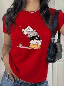 Camiseta de mujer de moda,Cómoda Camiseta de Mujer con Estampado de Gatos Apilados y Ratón Curioso,180g Diseño Casual y Divertido para el Día a Día - Rojo - Ver 1