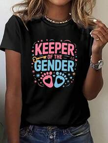 Gender Print T-Shirt, Short Sleeve, Round Neck, Casual Top For Summer And Spring, Women's Clothing - 黑色 - 查看 8