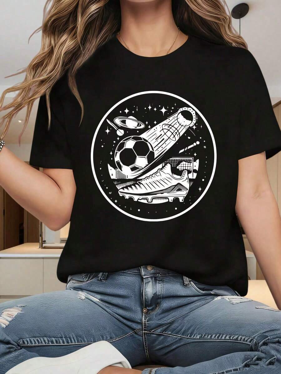 Women's Graphic Print T-Shirt, Soccer Cleats And Space Ball Design, Casual Sports T-Shirt, Basic Blouse For Women, Black Blouse For Women, Urban Style T-Shirt, Casual T-Shirt For Festivals/Daily Wear. - 黑色 - 查看 1