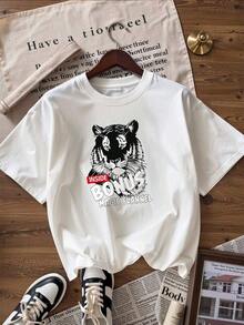 Black And White Tiger Head T-Shirt With "BONUS" Text.  Short-Sleeved T-Shirt For Spring And Summer 2026, Made In Mexico, 180 Grams. Cartoon Print, Couple Design, Suitable For Indoor Or Outdoor Wear. Crew Neck, Unisex, Ideal For Office And Leisure. One-Pack. - WH-P631577SLNDXZGY647 - 查看 4