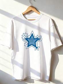 Blue Star T-Shirt With Printed Text, Fashionable Short-Sleeved T-Shirt For Spring And Summer 2026, Made In Mexico, 180 Grams. Cartoon Print, Couple Design, Suitable For Indoor Or Outdoor Wear. Crew Neck, Unisex, Ideal For Office And Leisure. One-Pack. - WH-P631577SLNDXZGY643 - 查看 1