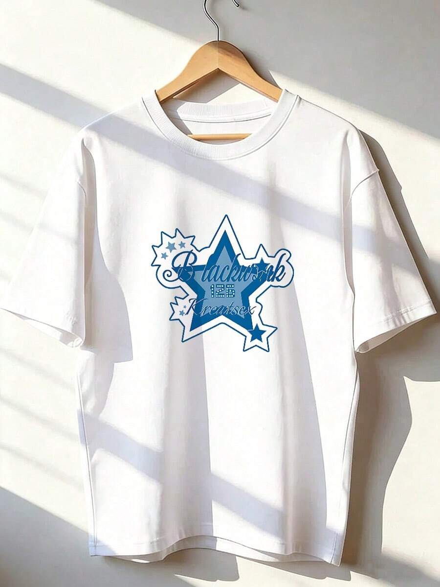 Blue Star T-Shirt With Printed Text, Fashionable Short-Sleeved T-Shirt For Spring And Summer 2026, Made In Mexico, 180 Grams. Cartoon Print, Couple Design, Suitable For Indoor Or Outdoor Wear. Crew Neck, Unisex, Ideal For Office And Leisure. One-Pack. - WH-P631577SLNDXZGY643 - 查看 1