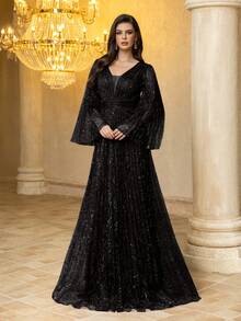 UNITHORSE [隨機印花] 女款 V 領長袖修身百褶網紗布料晚禮服 婚禮黑色派對秋季 - 黑色 - 查看 2
