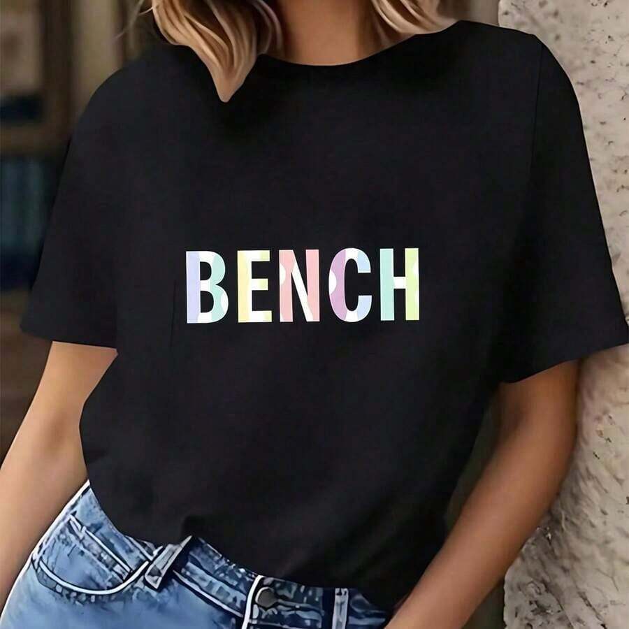 1 Piece Of Women's Casual T-Shirt With "T-Ball Mom" Letter Print, Short Sleeve, Round Neck, Regular Fit, Slightly Elastic, Ted Fabric, 180g, 100% Cotton. - 黑色 2 - 查看 1