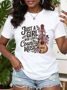 Suave Women's Shirt, Just A Girl Who Loves Country Music, Guitar And Roses Print, Round Neck, Regular Fit, Casual Tee, Everyday Wear Idea, Casual Blouse For Women, Blouses For Women, Cotton T-Shirts For Women - 白色 - 查看 6