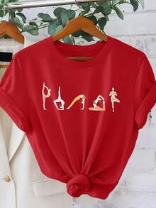 Short-Sleeved T-Shirt With Yoga Pose And Letter Print, Round Neck, Cool Style For Women, Elegant, Casual, Loose, For Parties And Holidays, Spring Summer 2026, Easy To Match, Versatile, For Going To Work, Sizes S-XXL, Winter Clothing For Women. - 紅色 - 查看 7