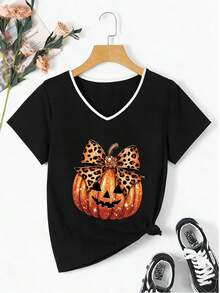Women's Printed T-Shirt - Casual Short Sleeve V-Neck Black T-Shirt With Sparkling Pumpkin And Bow Design. Relaxed Fit For All Seasons, Perfect For Everyday Wear Or Holiday Outfits (Machine Washable). - Black - View 6