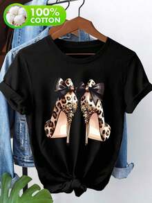 Men's And Women's 2026 One-Piece Casual Summer Set: 100% Pure T-Shirt Without Activity-Themed Prints, Women's Shorts, Casual Shirt With Leopard Print And High Heel Print. Versatile, Easy To Match, For Everyday Wear, Urban Style, Vacation Outfits, Weekend Outfits. - 黑色 - 查看 7