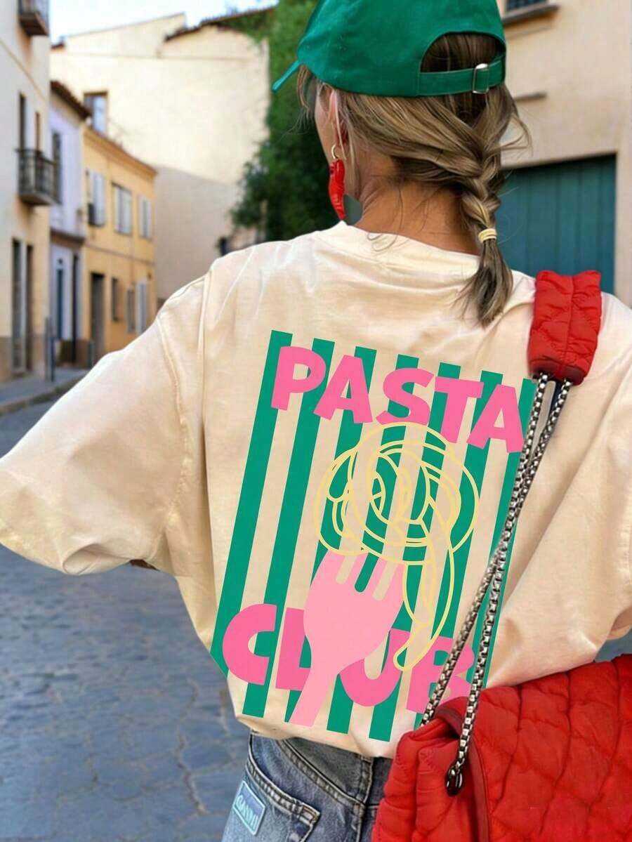 Nueva Camiseta de Verano con Diseño a Rayas y Estampado de Comida Italiana, Cuello Redondo, Manga Corta, Casual, Moderna y Versátil para Mujer - Estilo Vintage Urbano, Unisex, de Algodón, Cuello Redondo, Manga Corta, Blusas para Mujer. blusas.blusas casuales para dama. - Albaricoque - Ver 1