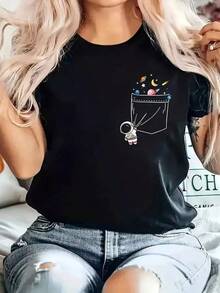 Women's Cotton Crew Neck T-Shirt With Print, Black T-Shirt With Astronaut Design On The Pocket, Casual And Comfortable Style For Young Women, Ideal For Everyday Wear And Relaxed Walks, Available In Sizes S To XL, Perfect To Combine With Jeans And Shorts. Women's Clothing, Galactic. - 黑色 - 查看 1
