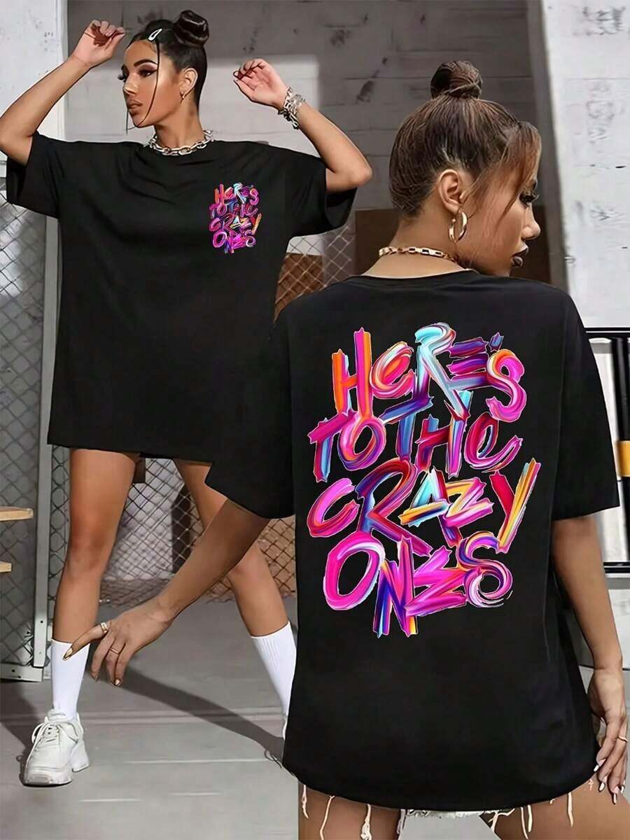 Women's Plus Size Casual T-Shirt, Vacation Style - Front And Back Print Design, 100% Pure Cotton, Breathable, Short Sleeve, Round Neck, Comfortable Casual Wear For Spring, Summer And Autumn, Loose Fit With Cute Print, Lightweight And Fashionable, Essential Garment - 黑色 - 查看 1