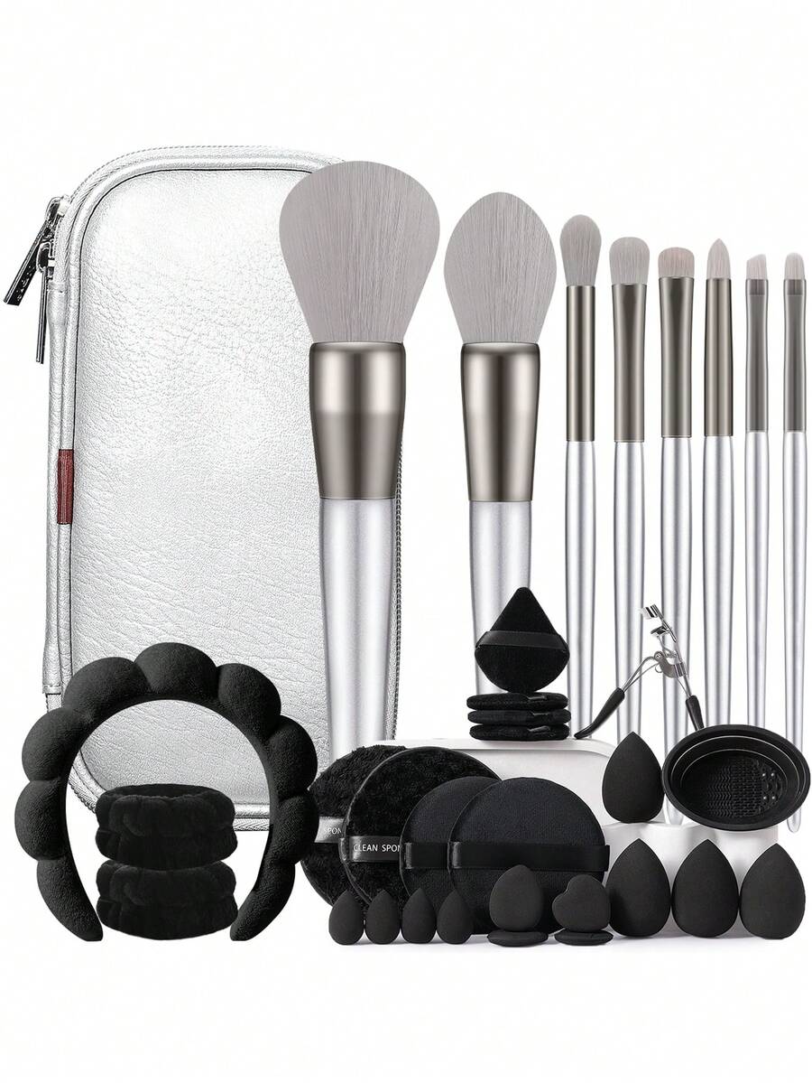 34PCS Makeup Tools Set Including:8Pcs Silver PCS Makeup Brush Set+1pc Storage Bag+4PCS Makeup Sponges+4PCS Mini Makeup Sponges+4PCS Triangle Powder Puffs+4PCS Mini Air Cushion Powder Puffs+2PCS Circular Powder Puffs+2PCS Facial Cleansing Sponges+1pc Makeup Brush Cleaning Tools+1pc Hairband+2PCS Hand Bowl Strap+1pc Eyelash Curler - Multicolor - View 1