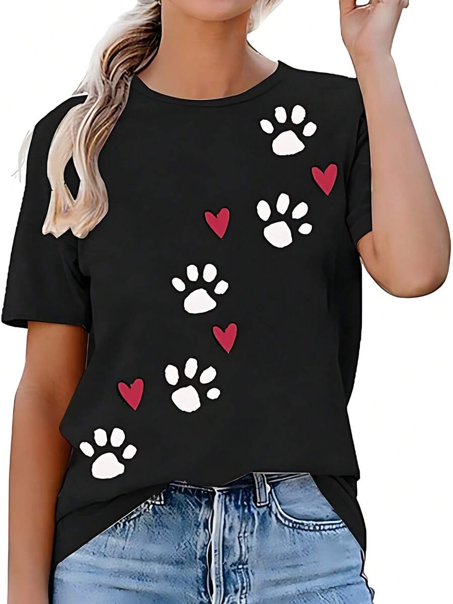Camisetas de manga corta con estampado de letras de gran tamaño para mujer - Negro - Ver 1