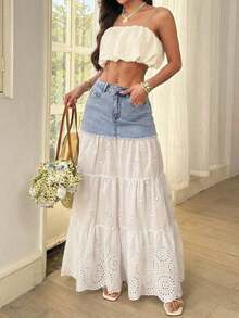 Minifalda de mezclilla casual de mujer con bordado y parches calados - Multicolor - Ver 4