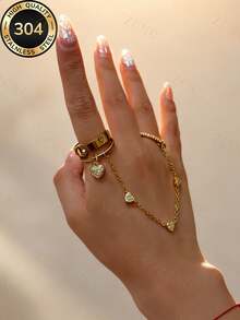 ZCNC 304 Stainless Steel 18K Gold Plated Heart Chain Ring Set, 3pcs/Set, Inlaid Pearl & Fully Paved Ring, Low Allergy, Fashion Jewelry, Perfect Mother's Day Gift, Summer Vacation Accessory - Gold - View 5