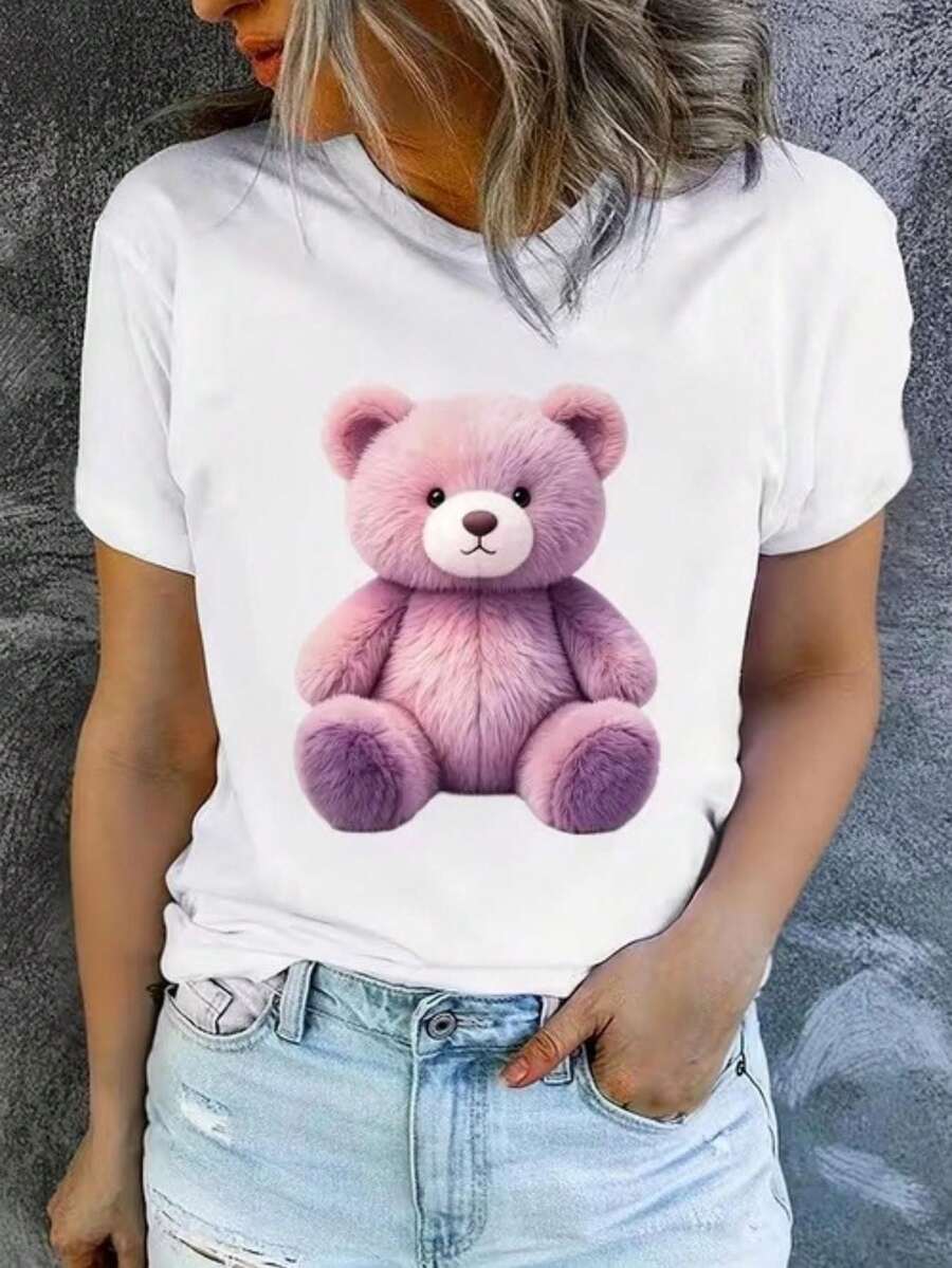 Casual Crew Neck T-Shirt, Plus Size T-Shirt For Women, Printed T-Shirt For Women, Printed With A Fun Purple Gradient Teddy Bear Design, Machine Washable, Casual And Versatile, Loose And Comfortable, A Perfect Gift For A Good Friend. - 白色 - 查看 1