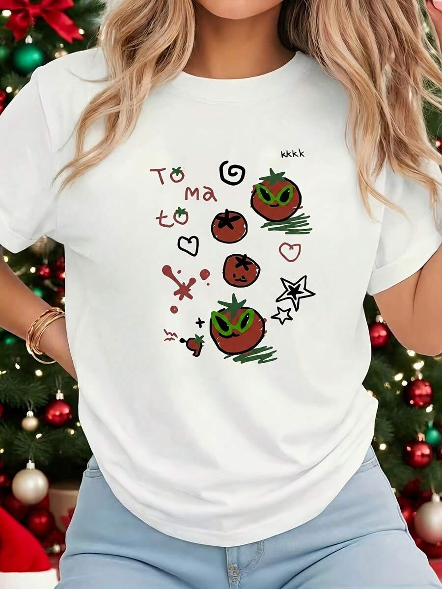 Camiseta de Mujer, Estampado de Nicho Americano, Camiseta Blanca de Manga Corta con Cuello Redondo Estampado, - Lavable a Máquina, Estilo Casual, Ajuste Cómodo, Diseño Moderno, Versátil para el Día a Día, Tejido Suave, Estilo de Moda