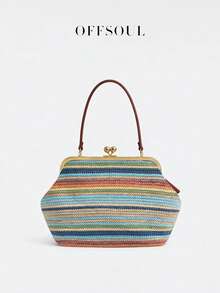 Holiday Beach Vacation Style Straw Bag, Women New Large Capacity Retro Clasp Lock Handbag, Versatile Tote Shoulder Bag - Multicolor - View 1