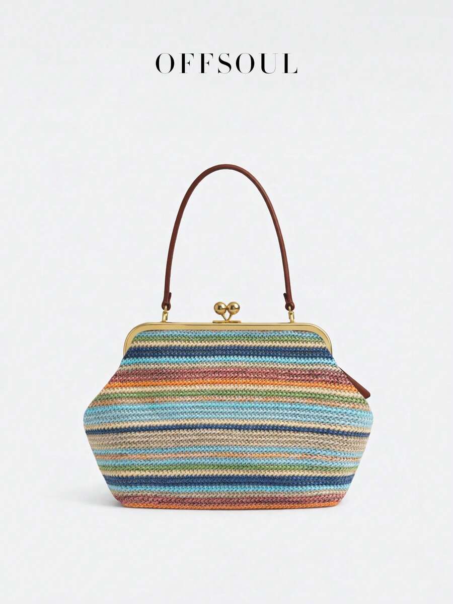 Holiday Beach Vacation Style Straw Bag, Women New Large Capacity Retro Clasp Lock Handbag, Versatile Tote Shoulder Bag - Multicolor - View 1