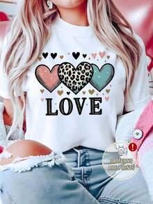 Camiseta Casual de Manga Corta para Mujer con Cuello Redondo, Estampado de Corazón y Leopardo, Bajo Regular, Tela de Poliéster - Blanco - Ver 3