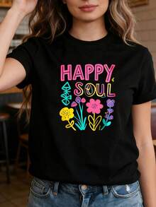 Diseño simple y versátil, estilo retro hippie, colores contrastantes de alta saturación, camiseta de primavera-verano para mujer con estampado floral HAPPY SOUL, adecuada para exposiciones de arte, comodidad emocional, desarrollo personal y ocasiones sociales, manga corta, estilo callejero cotidiano, camiseta de algodón. - Negro - Ver 7