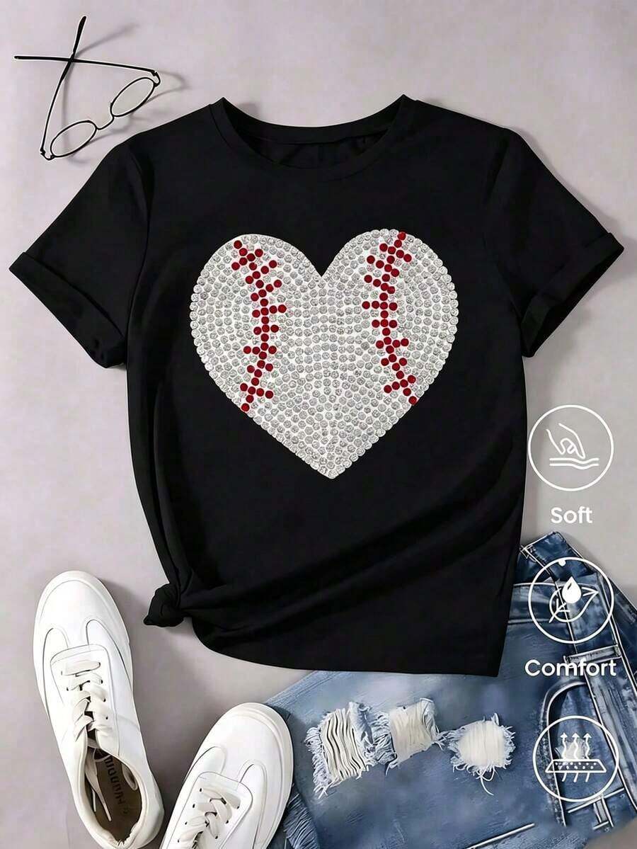 Soft Soft Women's White T-Shirt With Sequin Baseball Heart, Shiny Aesthetic T-Shirt With Red Stitching, Sports Top For Game Day, Fashionable Casual Blouse For Baseball Fans - 黑色 - 查看 1