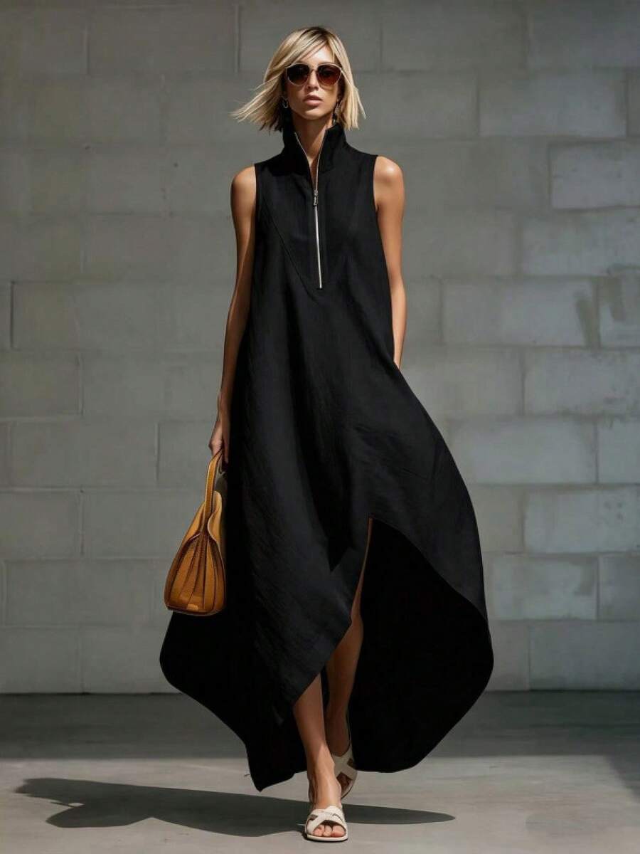 Women's Dress 2026 European American Minimalist Style, Sleeveless With Half Zipper Closure Loose Fit In Cotton Linen Fabric - 黑色 - 查看 1