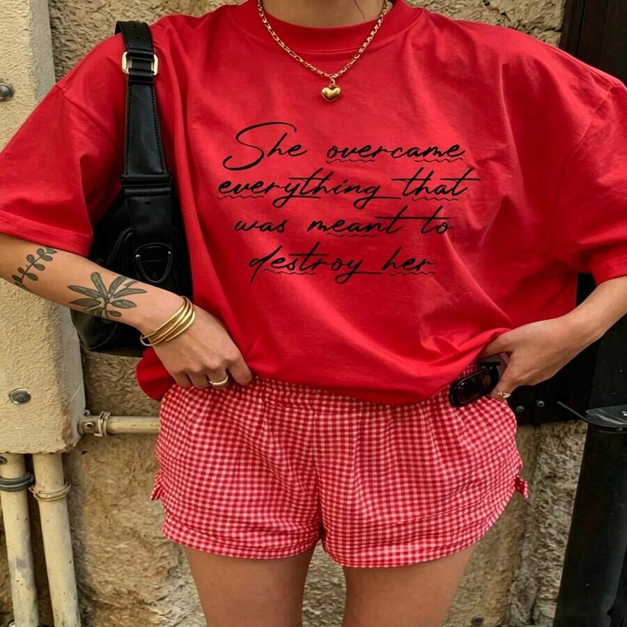 Heartfelt Daily Casual Graphic T-Shirt 100% Cotton Oversized Soft Breathable Casual Crewneck Short Sleeve Top Aesthetic Daily Vintage Red Checkered Shorts Street Style Fashion Lovers Casual Wearers Daily Outfit Enthusiasts Gift Givers