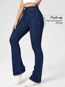 Jeans de mezclilla casual con bolsillo frontal y cierre de botones, para uso diario - Azul lavado oscuro 2 - Ver 2