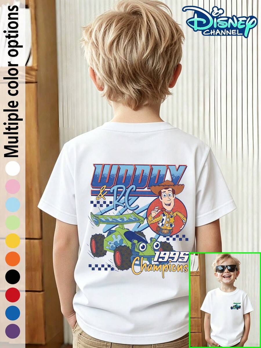 Toy Story Woody Round Head And RC Car Print Kids T-Shirt | Unisex Casual Short-Sleeve Disney Toy Story Character IP Woody Round Head With RC Remote Control Car Retro Print Summer Kids Top Everyday Wear Student Wear Cute Woody And RC Character Print Toy Story Theme T-Shirt Kid-Friendly Design Must-Have For Outings Cartoon Character Top School Style Popular Animation Character Merchandise Soft And Comfortable Fabric Everyday School Wear Fan Collector's Item - trắng - Xem 1