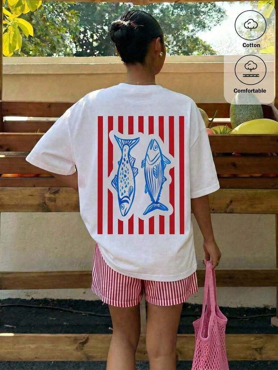 Women's Oversized T-Shirt With Pink And Red Striped Slogan Print, Casual Summer Holiday Style, Loose Fit, Round Neck, Short Sleeve, Comfortable - 白色 3 - 查看 1