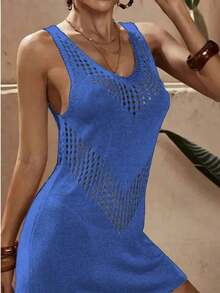 Vestido de cubierta tejido con diseño geométrico hueco, vestido de punto sin mangas para vacaciones de primavera y verano, vestido mini para la playa - Azul - Ver 2