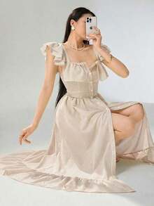 Vestido con cuello con volantes, abotonado, elegante y romántico para mujer - Caqui - Ver 3