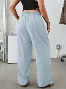 Pantalones casuales básicos de unicolor con bolsillo en ángulo para talla grande, color albaricoque, pantalones de cintura alta para el verano - Niebla azul - Ver 2