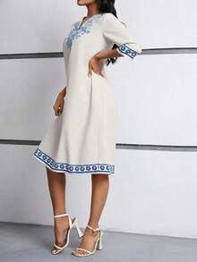 Vestido maxi casual y sencillo con estampado floral en el cuello, puños y dobladillo para mujer - Albaricoque - Ver 5