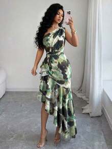 Vestido de mujer con un hombro, estampado teñido difuminado y diseño de volantes en el bajo irregular, vestido de primavera/verano, diseño de bajo irregular, elegante y de moda, adecuado para uso diario, bodas, banquetes, viajes diarios, fiestas de graduación, eventos festivos, vacaciones - Verde - Ver 5