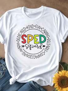 Camiseta de Mujer Casual con Cuello Redondo, Opciones en Blanco y Negro, Estampado de Letras Coloridas SPED, Camisetas Cómodas para Uso Diario, Tops de Verano, Camisetas Gráficas, Conjuntos de Verano para Mujer, Camisetas Cortas para Mujer, Tops Vintage de Algodón, Ropa Linda para Mujer, Playera Holgada para Mujer - Blanco - Ver 2