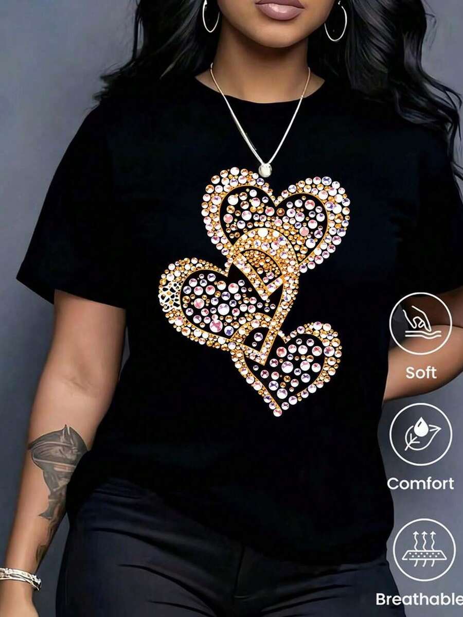 Camiseta negra para mujer con corazones brillantes, manga corta, cuello redondo, corte holgado, blusa casual cómoda - Negro - Ver 1